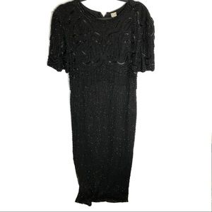 Vintage 100% Silk Shell Sequin Beaded Long Evening Dress
